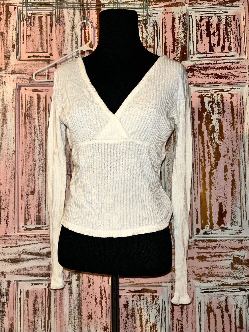 American Eagle Outfitters White Ribbed Wrap-Front Long Sleeve Top